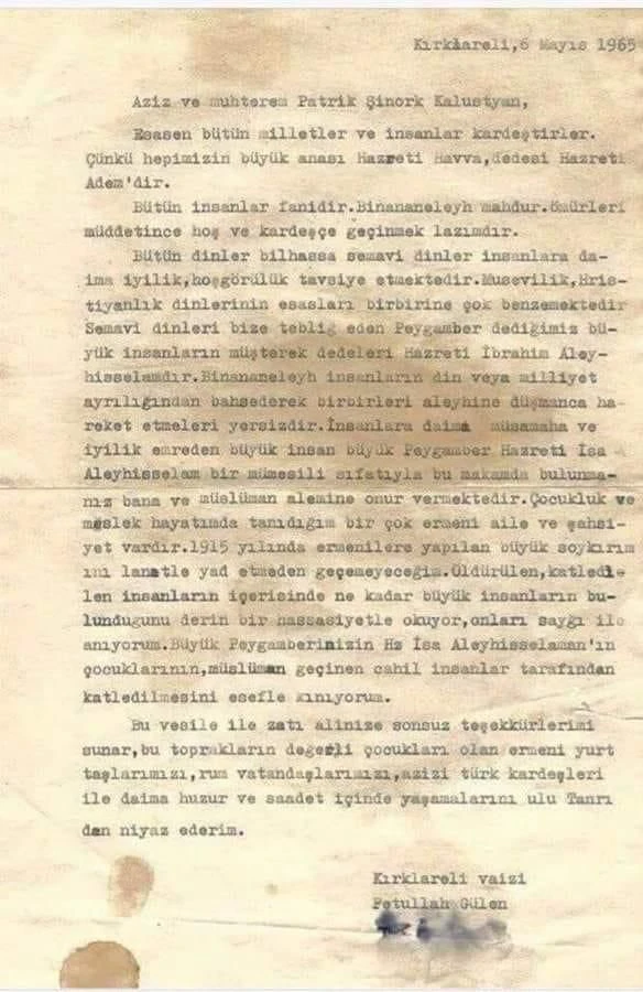 Tarihten bir yaprak ve 15 Temmuz: Gülen 1965'te patrike, 1915 olaylarının soykırım olduğunu söyledi .