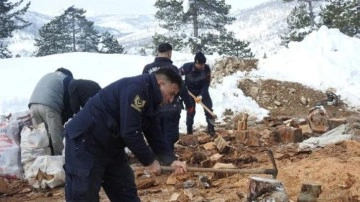 Köylüler ve bölgedeki jandarma ekipleri el ele verdi. Depremzedeler için odun kırdılar